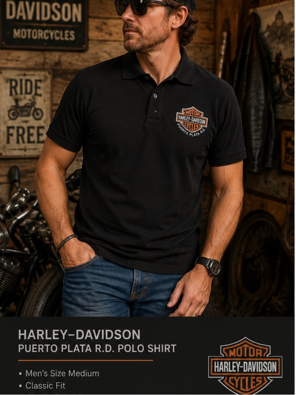 Harley Davidson Puerto Plata RD Black Polo Shirt Medium Mens Cotton